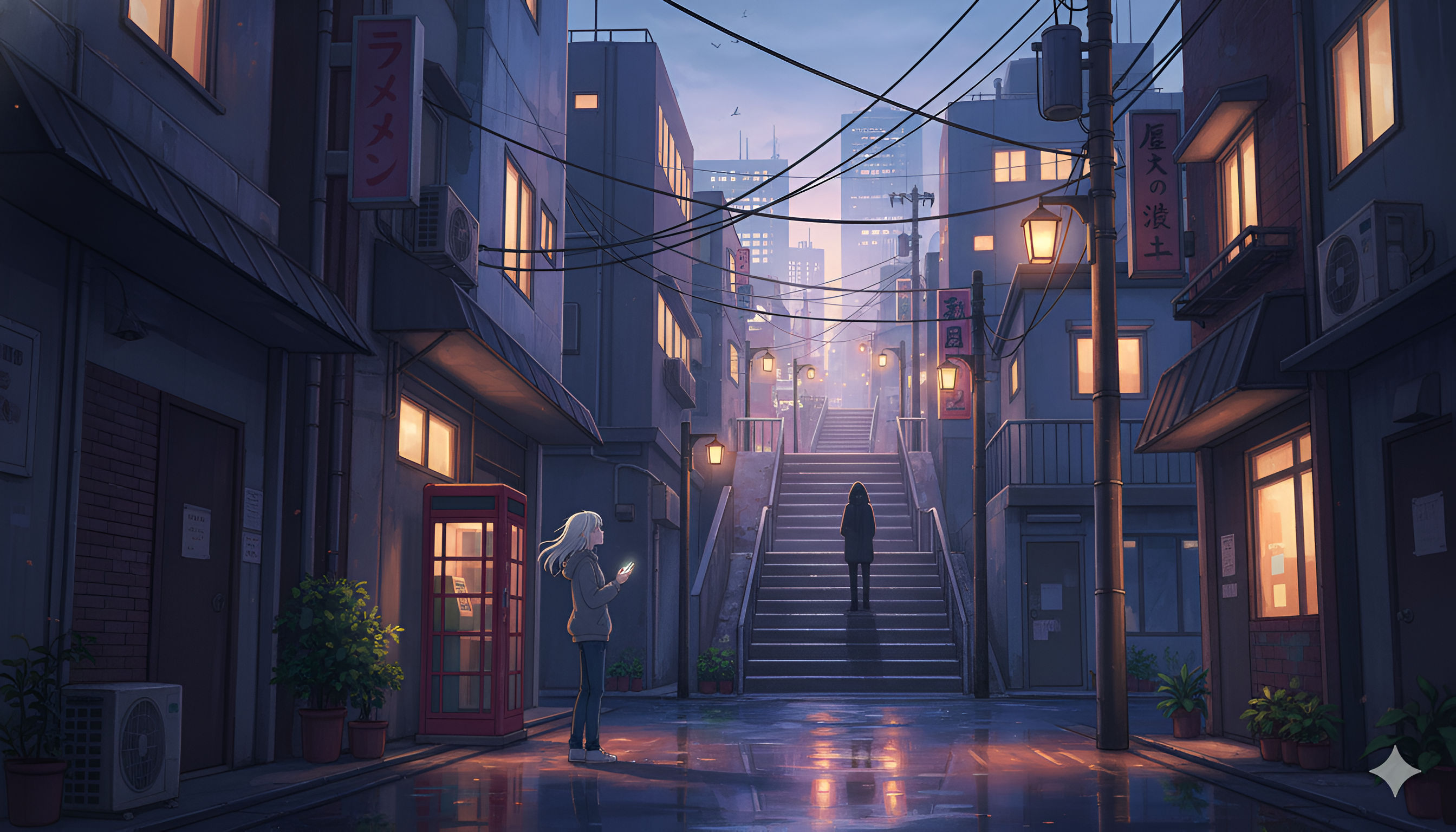 Twilight Alley Steps – Japanese City Night Lofi Wallpaper