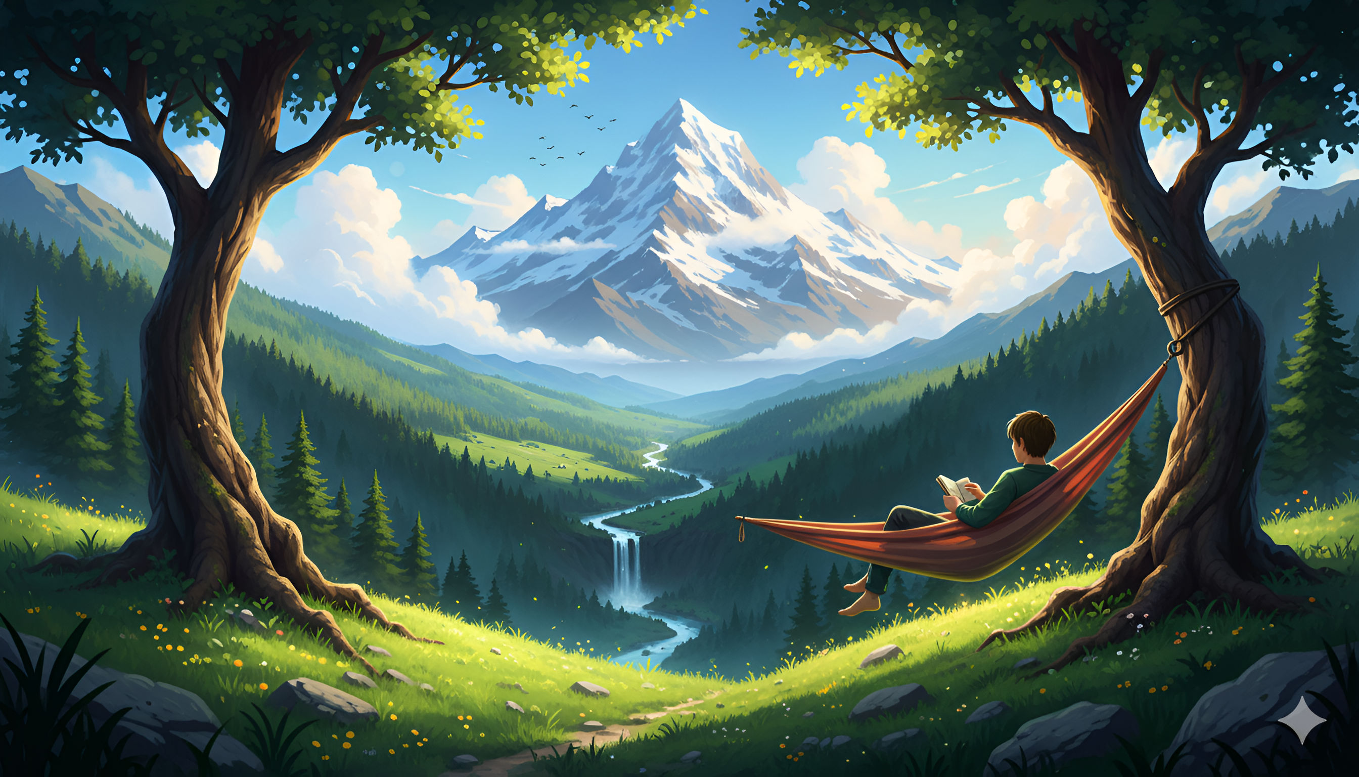 Mountain Retreat: Man Reading in a Hammock Overlooking a Lush Valley