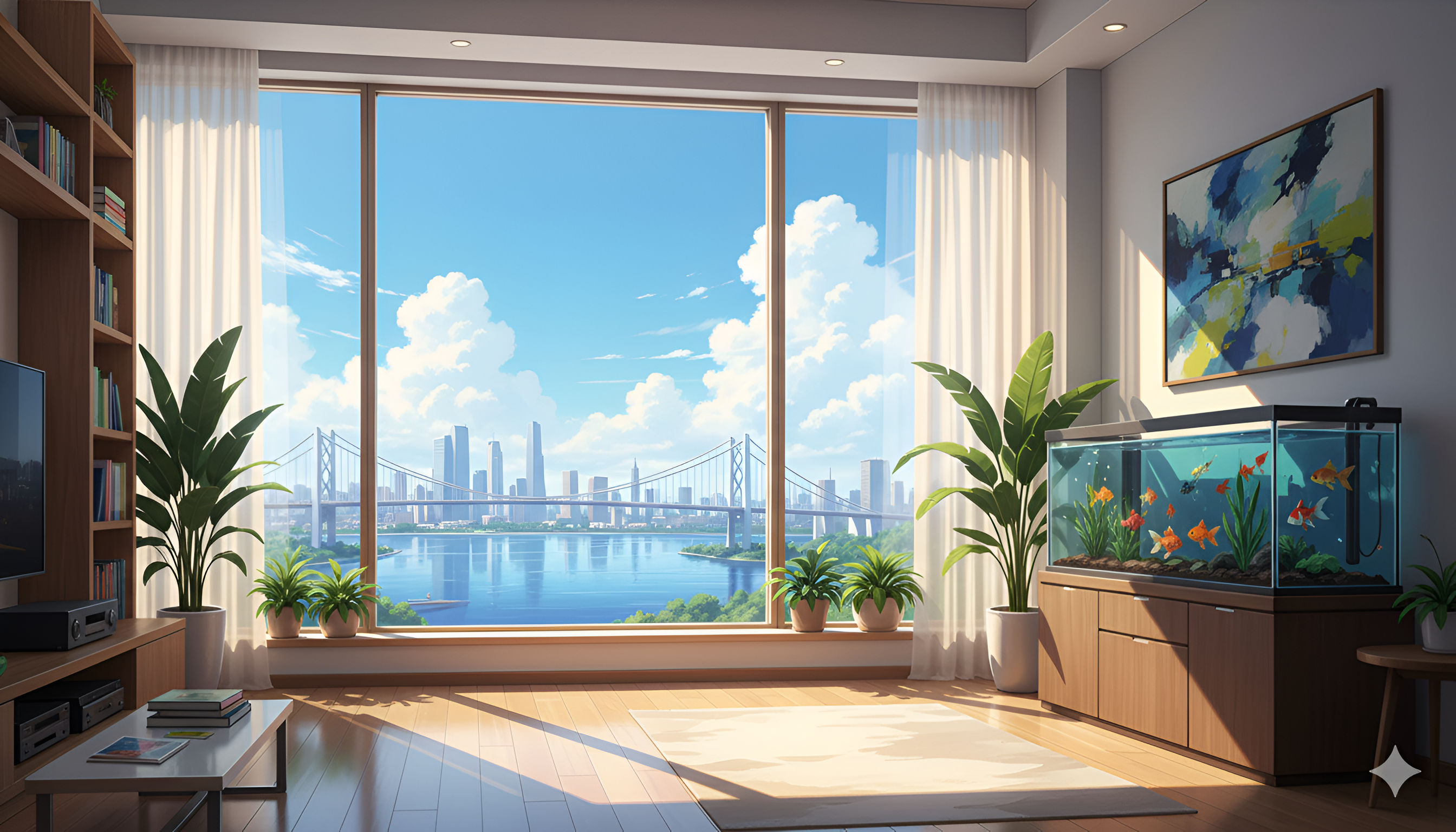 Bright Anime Living Room – City Skyline and Aquarium View