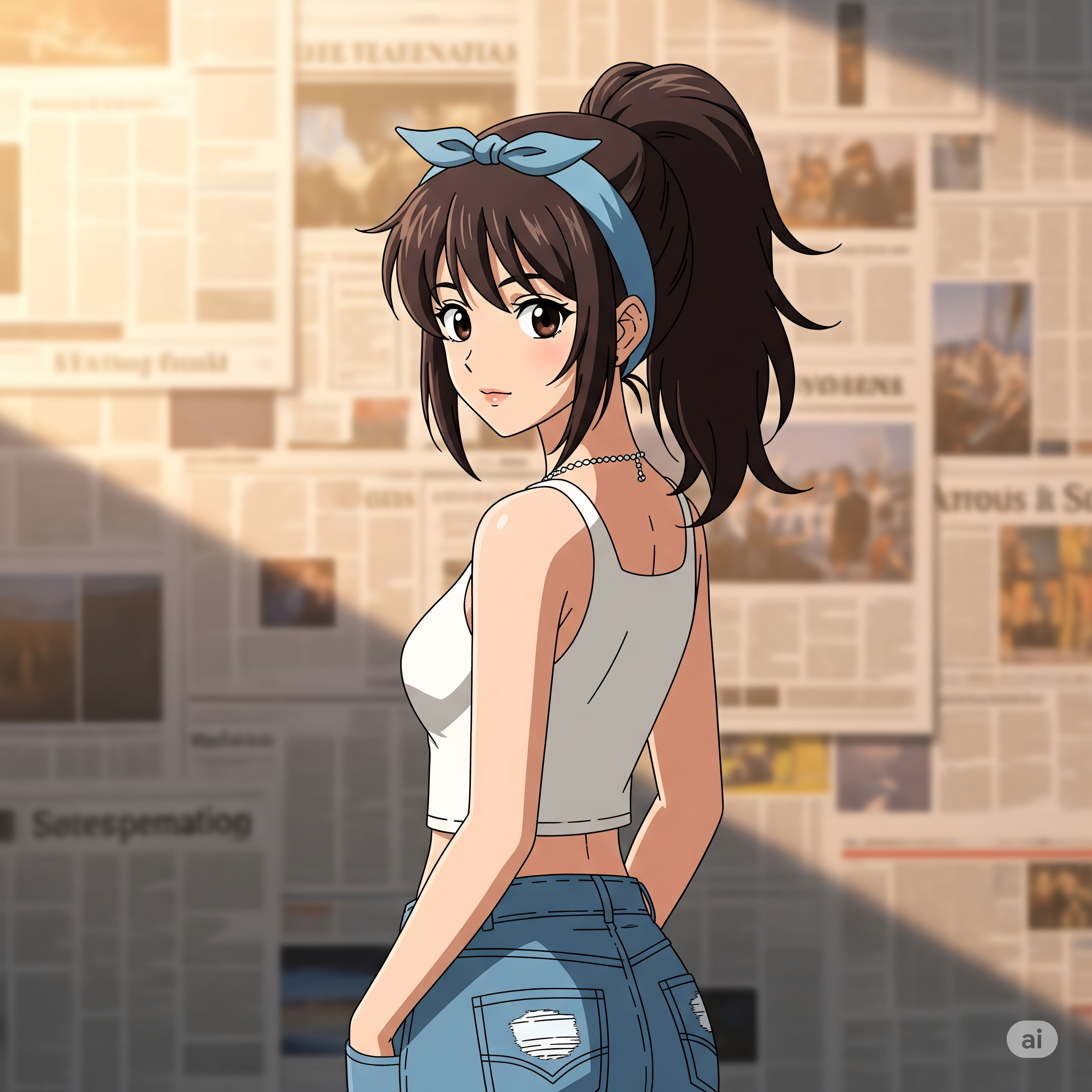 Anime Girl Looking Back Against Newspaper Wall