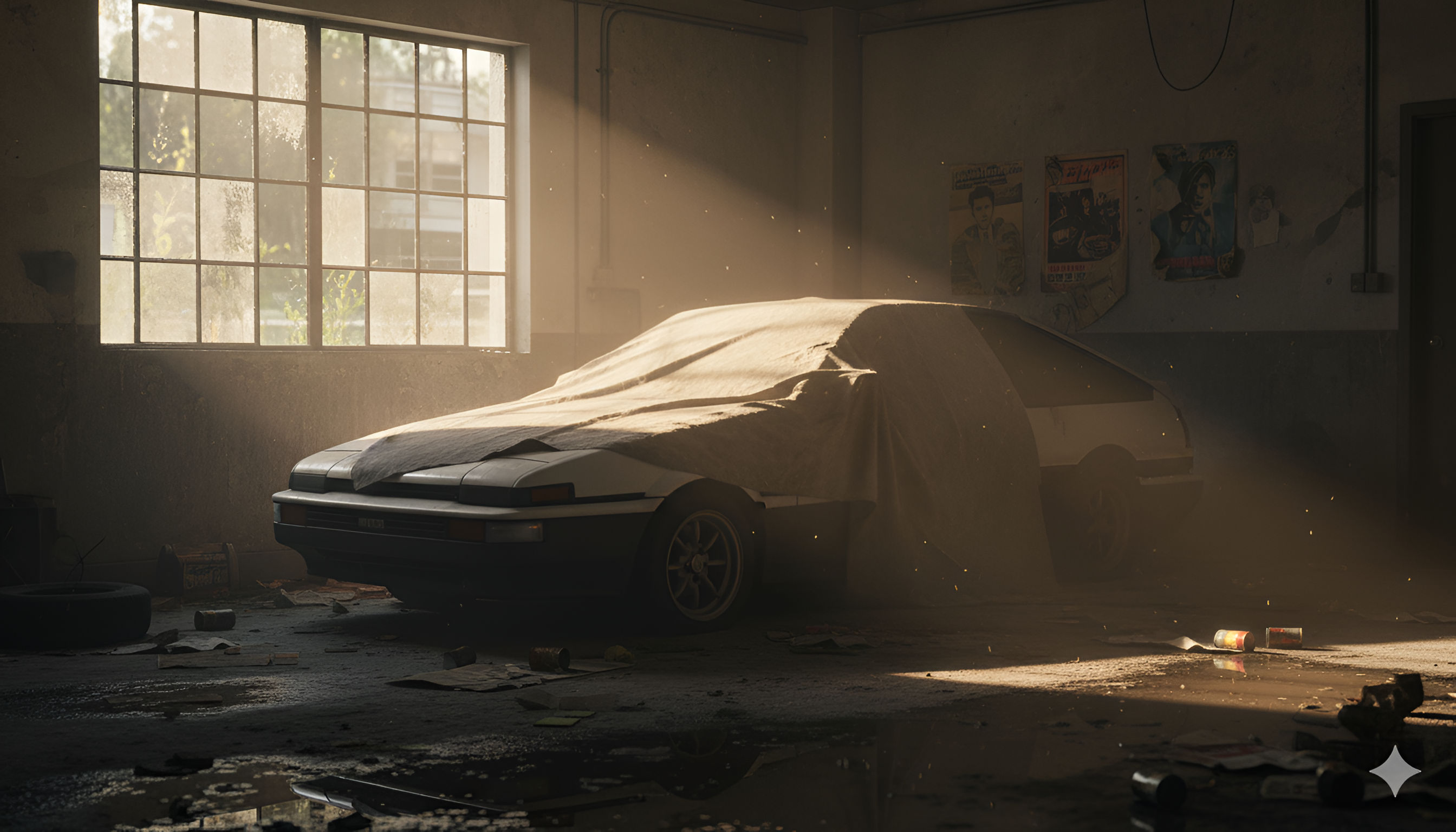 Dusty Sports Car Under Cover – Abandoned Garage Anime