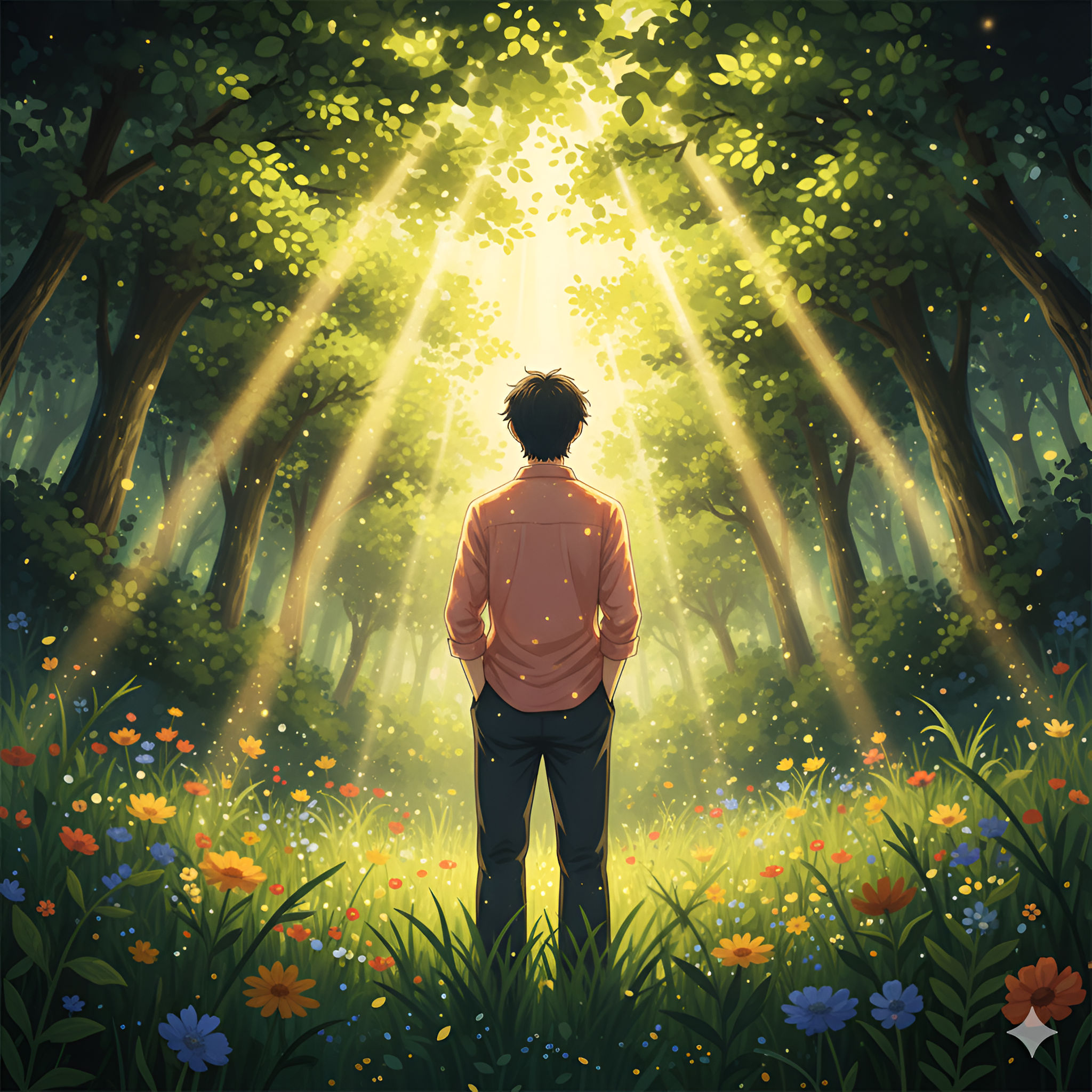 Forest Sanctuary: Man Bathed in Sunbeams in a Wildflower Meadow