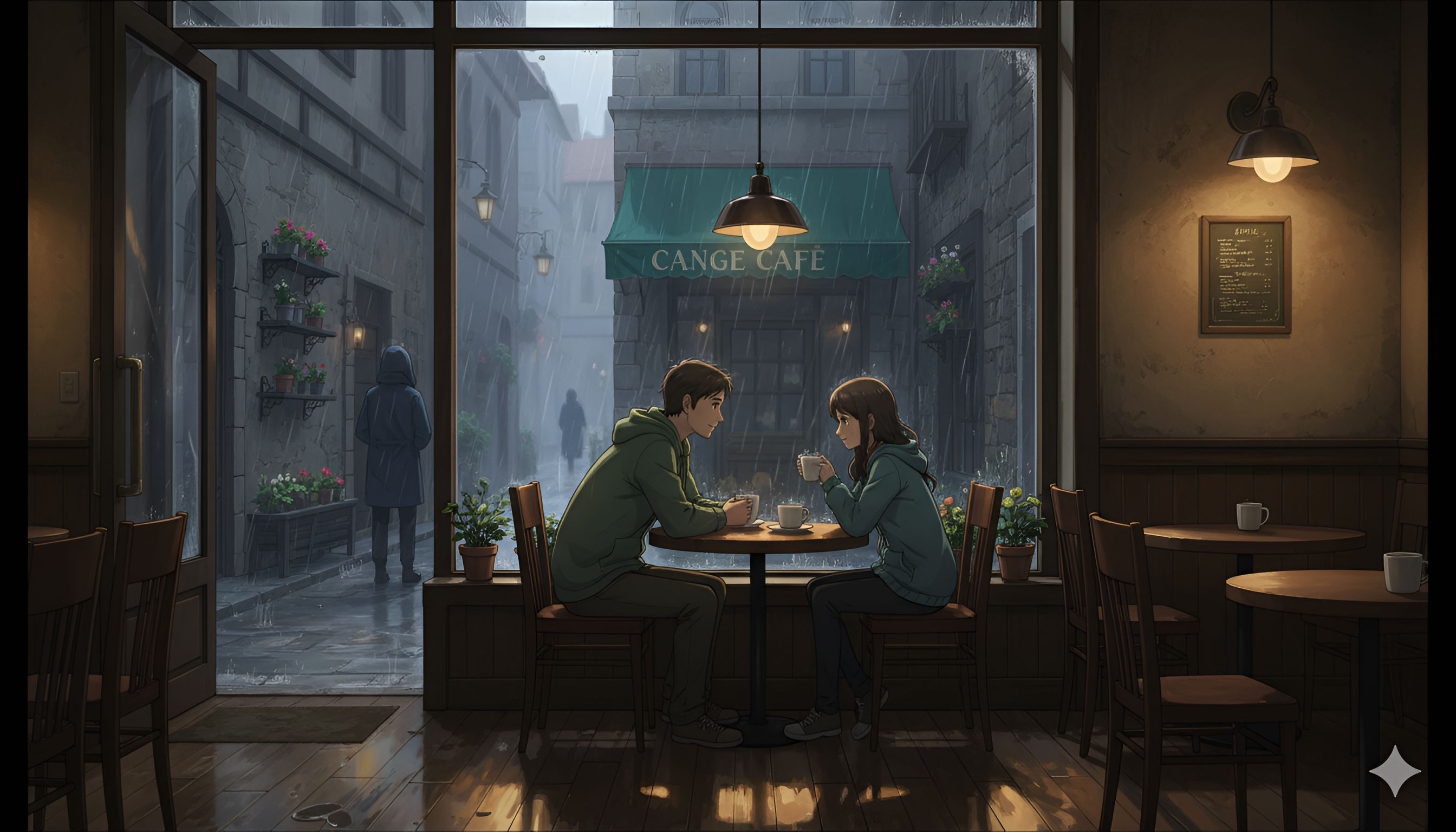 Cozy Anime Cafe Date in Rain – Moody Street View