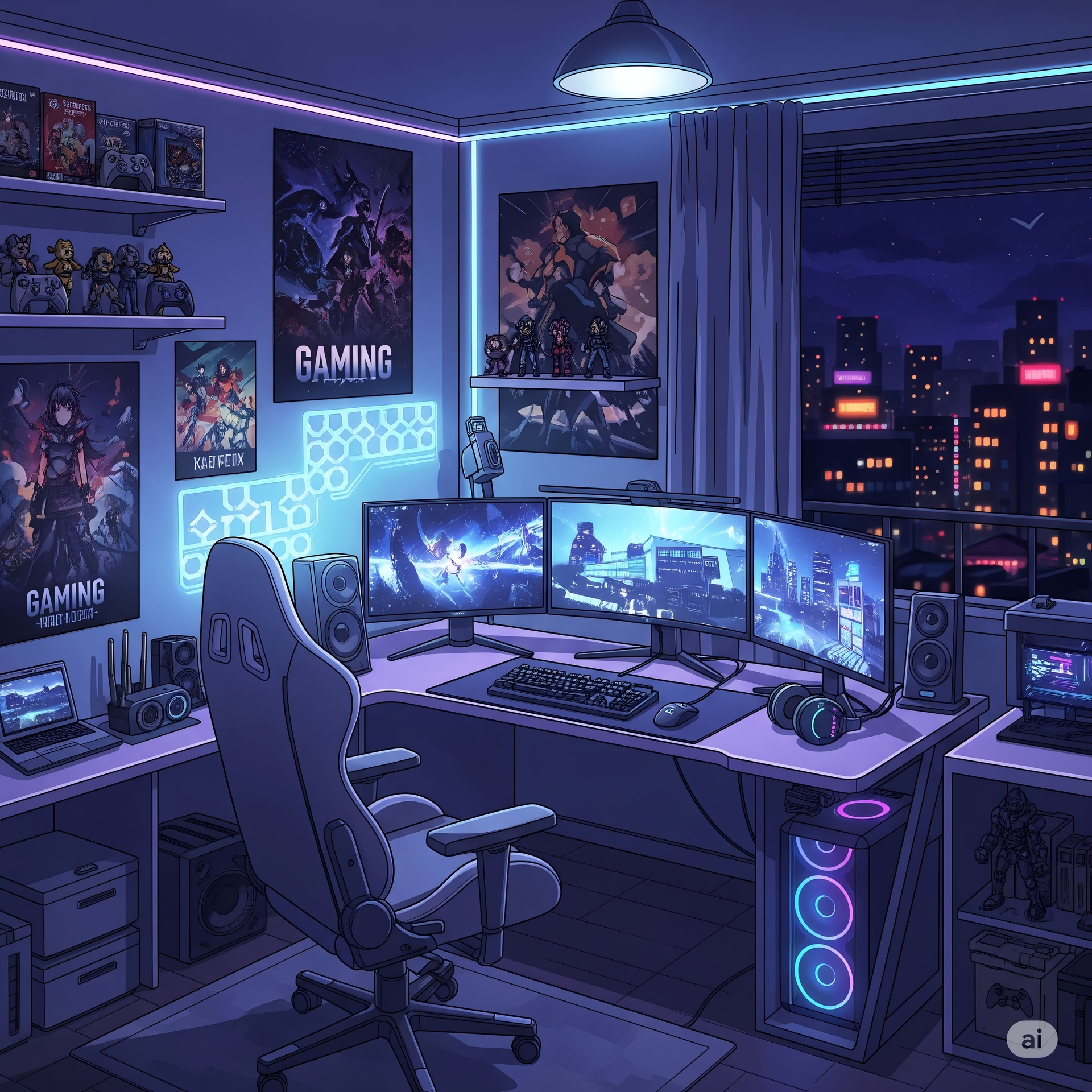 Neon Light Gaming Room at Night