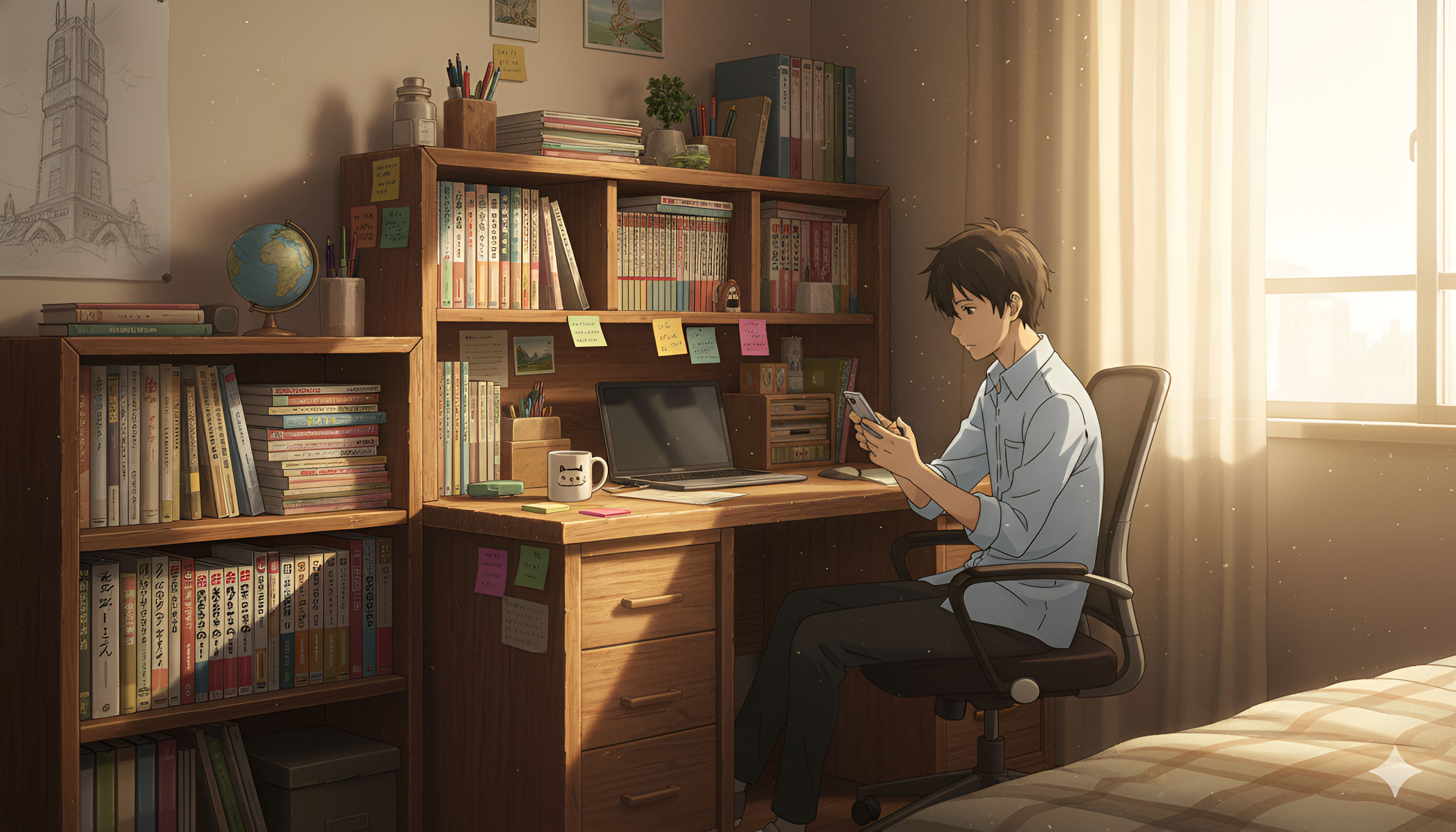 Anime Boy Studying at Desk – Warm Sunlight Aesthetic