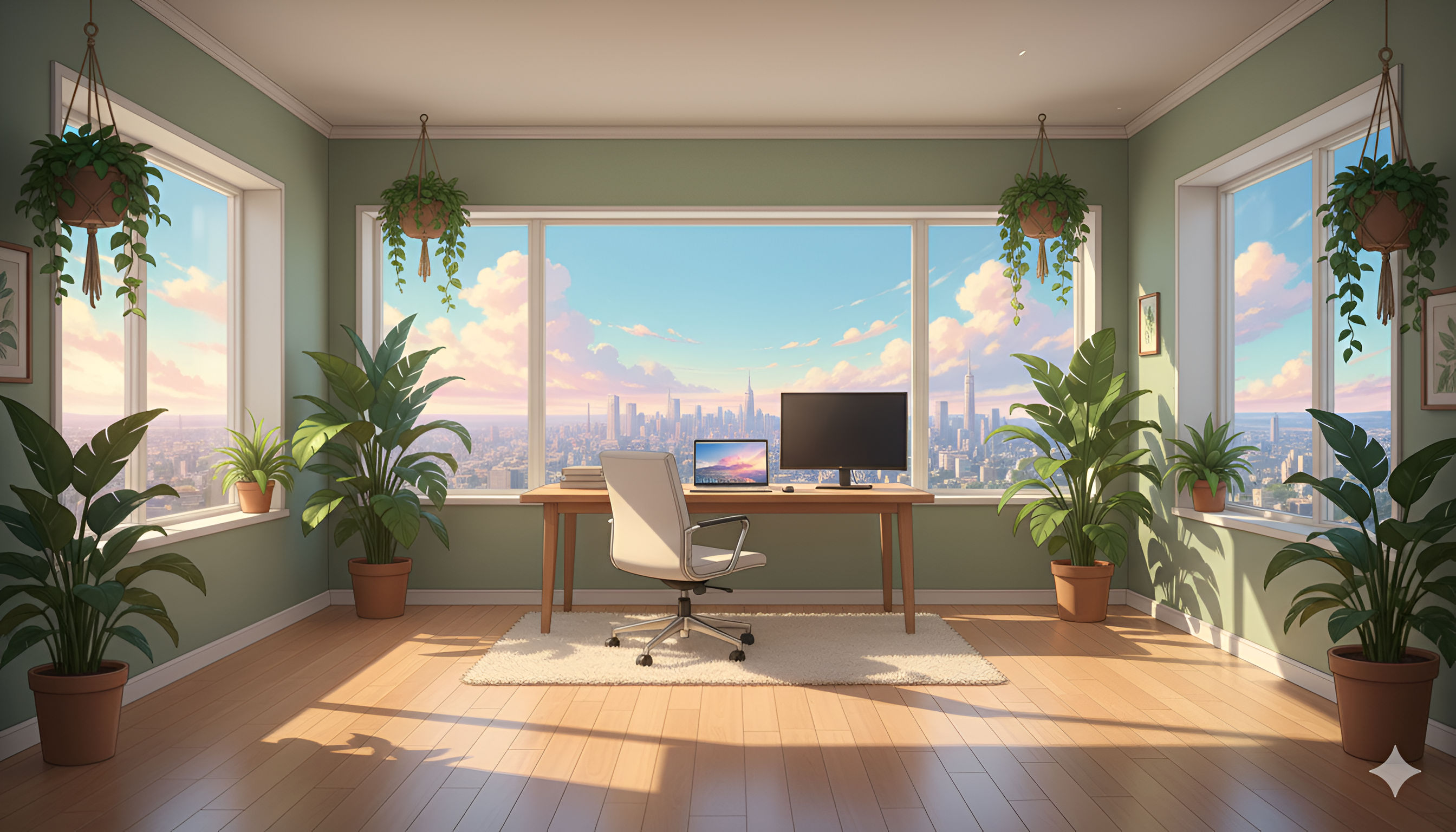 Minimalist Anime Office City View – Green Aesthetic Room
