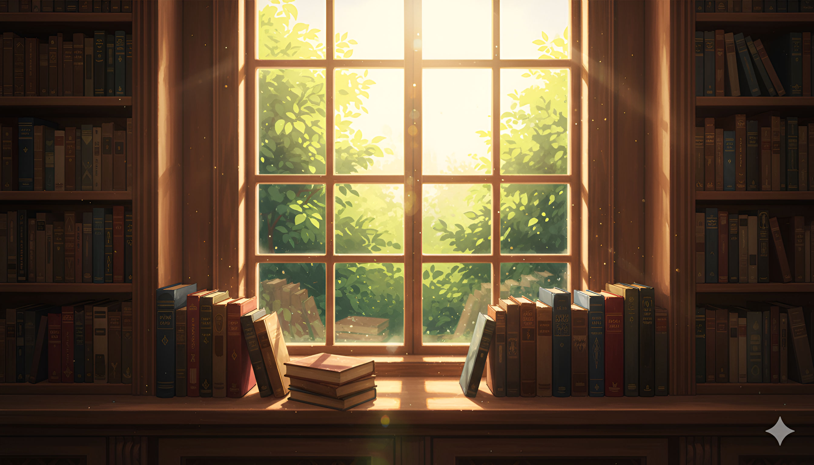 Sunlit Anime Library Window – Cozy Book Stack and Trees