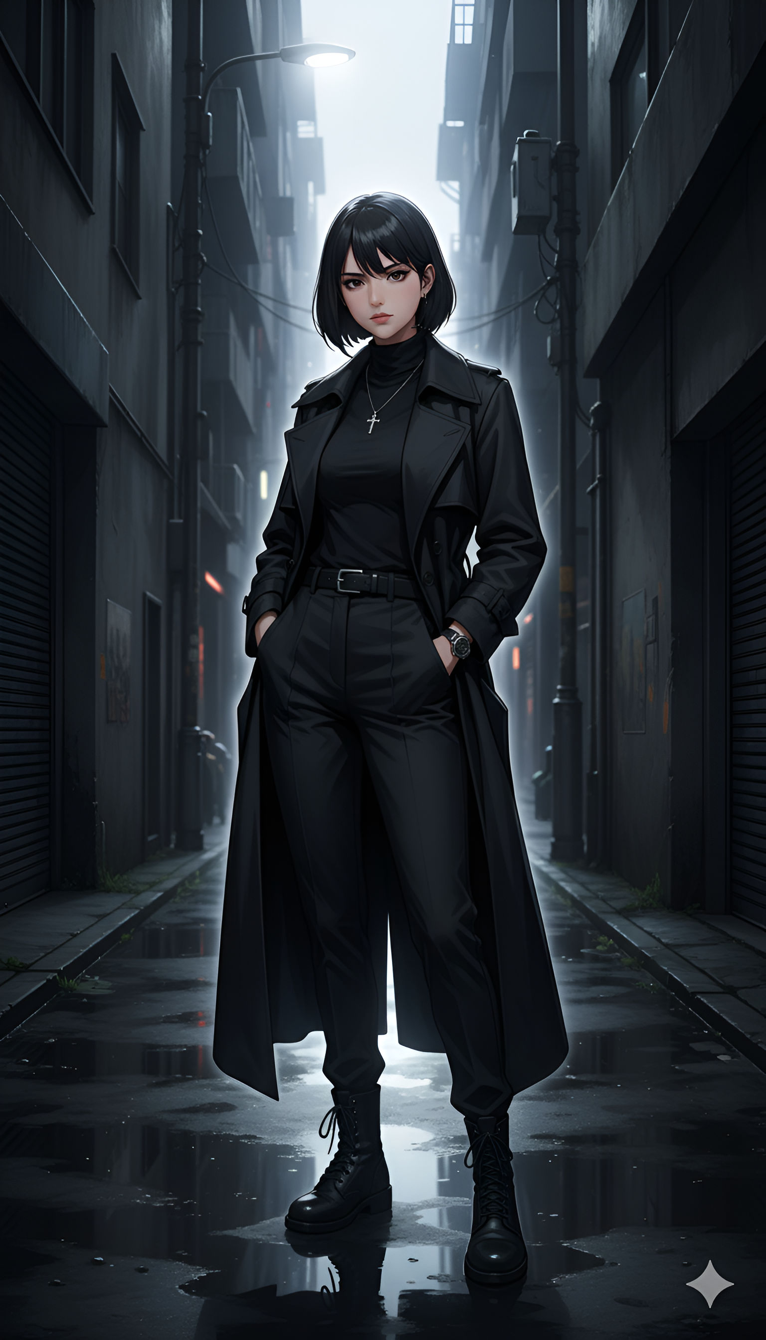Dark Alley Stalker – Monochrome Trench Coat Anime Style