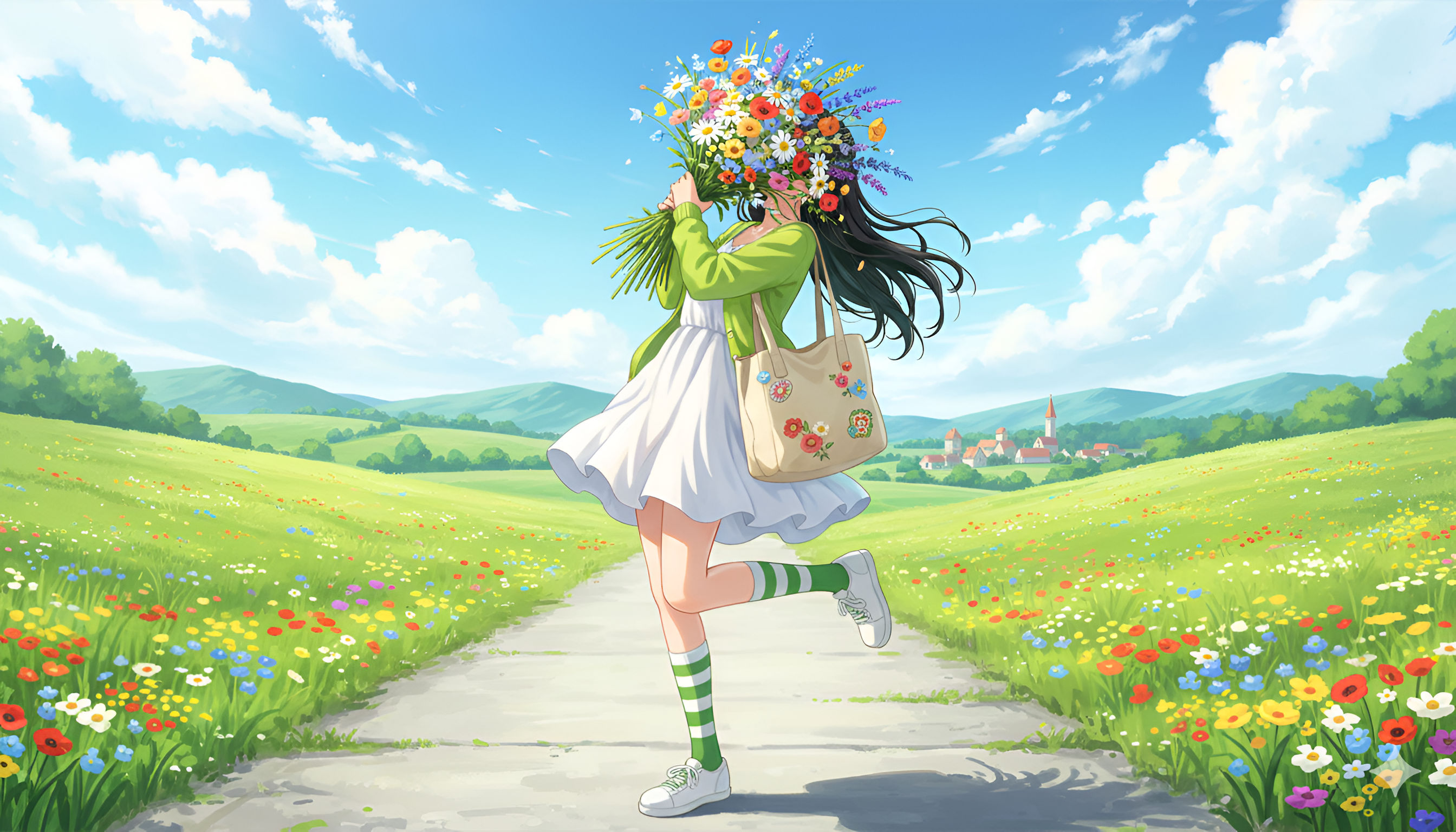 Joyful Summer Walk: Girl with Wildflower Bouquet in a Sunny Meadow