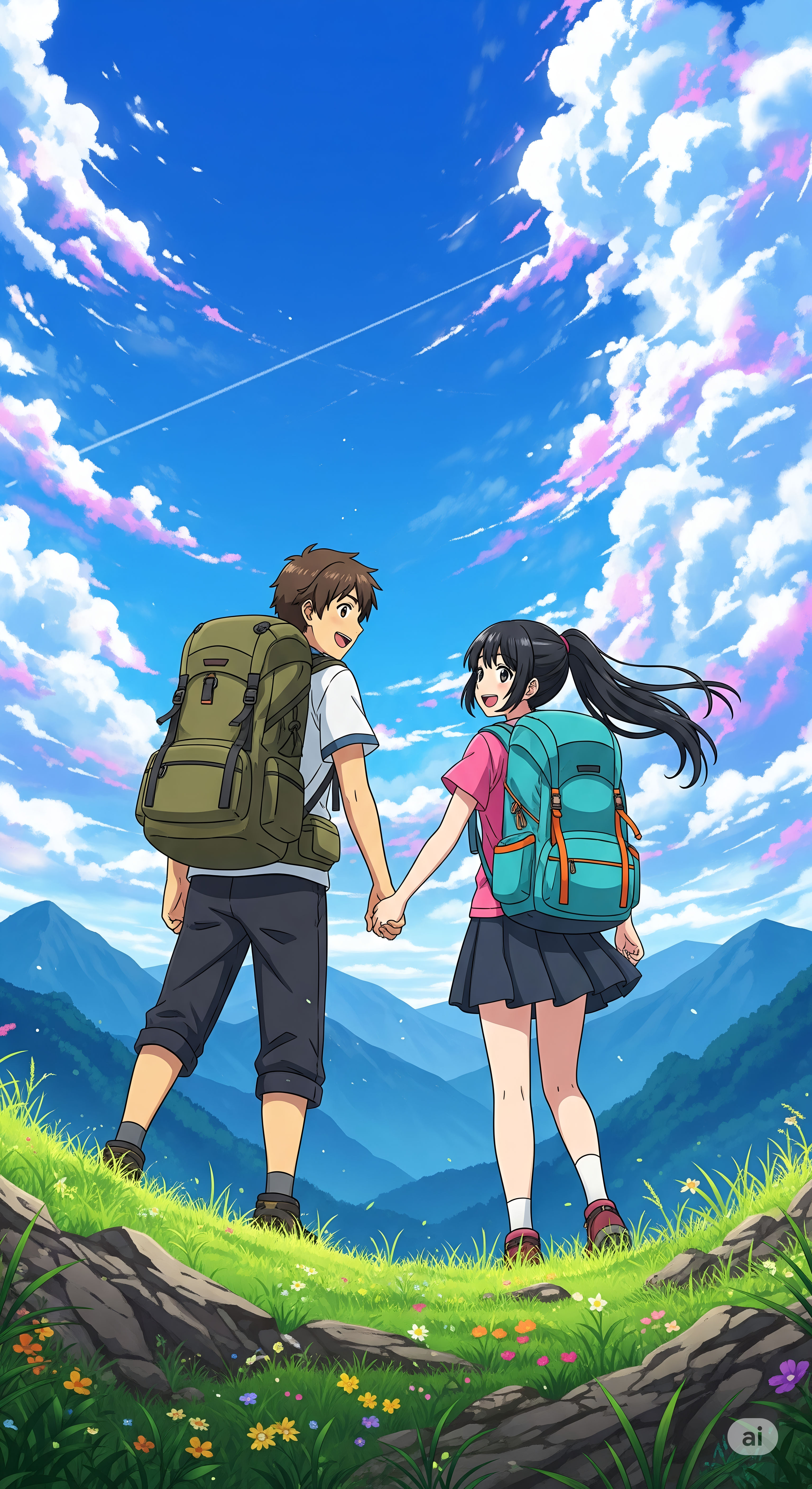 Anime Couple Hiking Hand-in-Hand