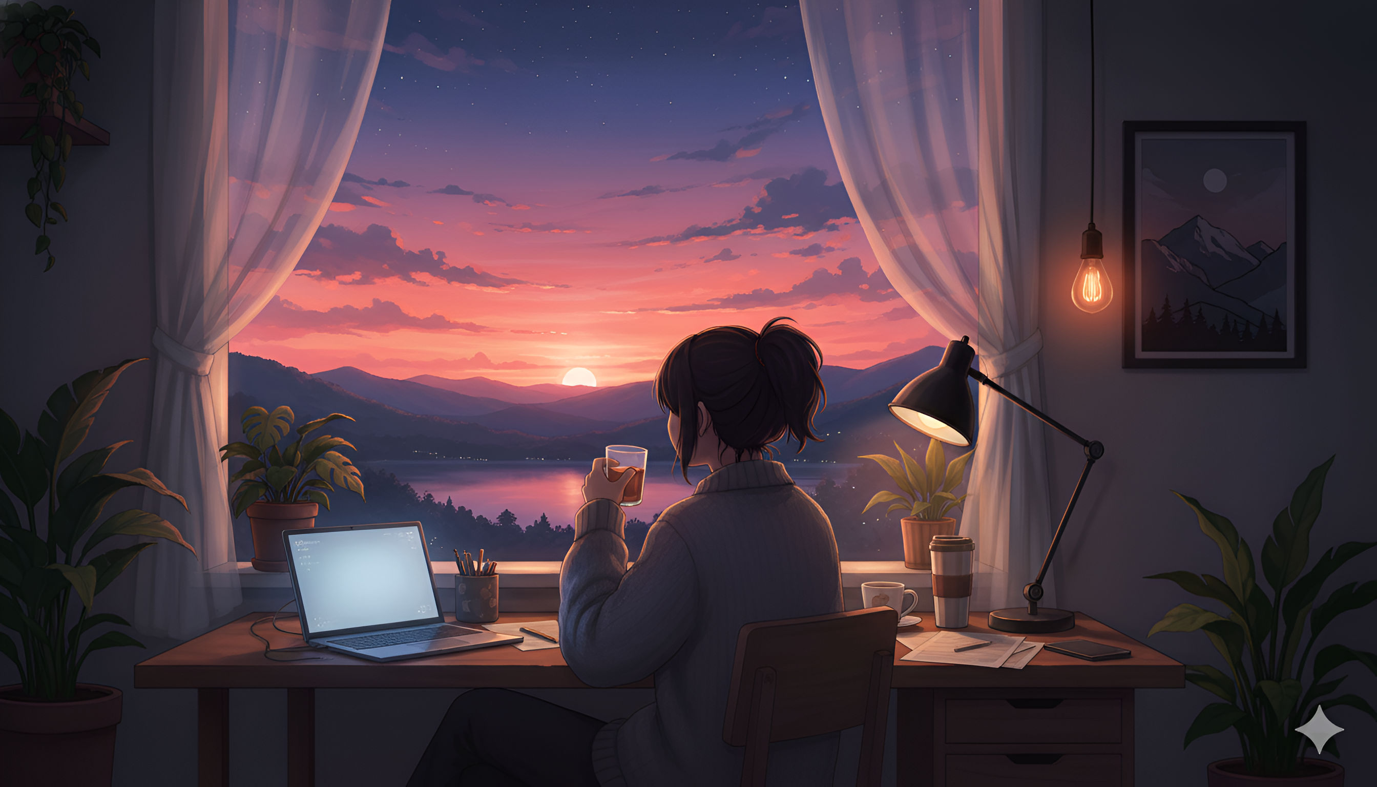 Cozy Sunset View – Anime Study Lofi Aesthetic Wallpaper