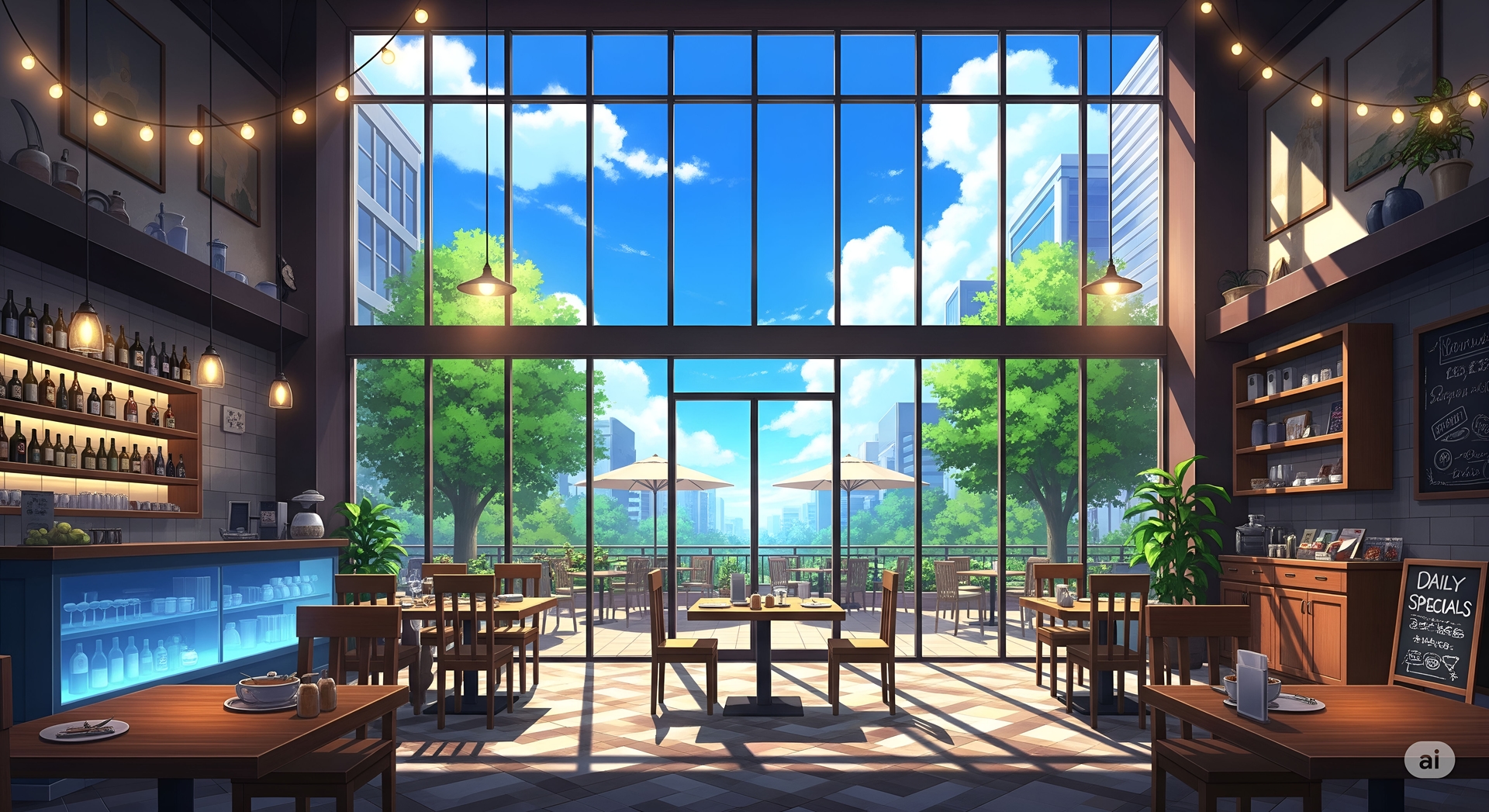 Modern Cafe Interior with Panoramic City View