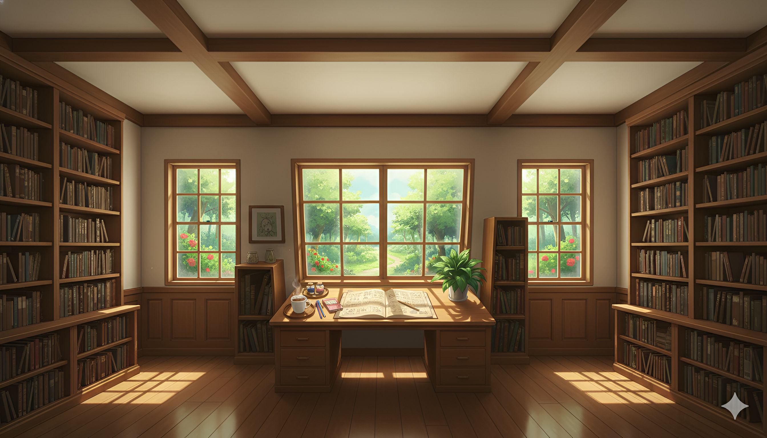Cozy Anime Library Study – Summer Garden Window View