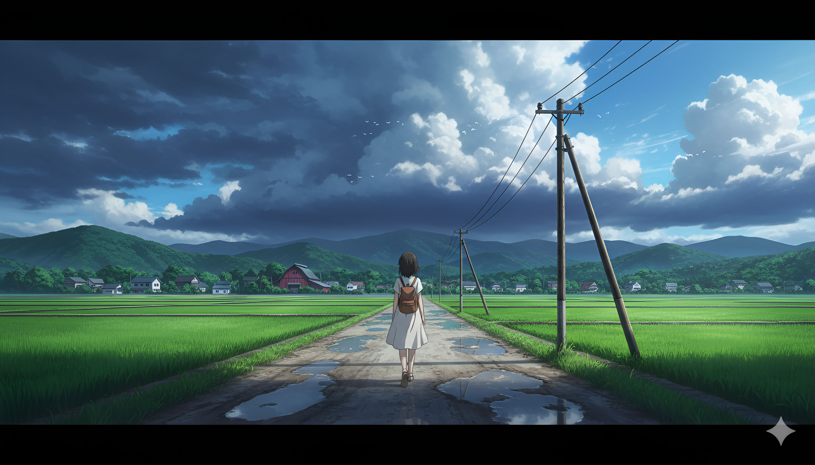 Approaching Storm: Anime Girl Walking a Rural Road Through Rice Fields