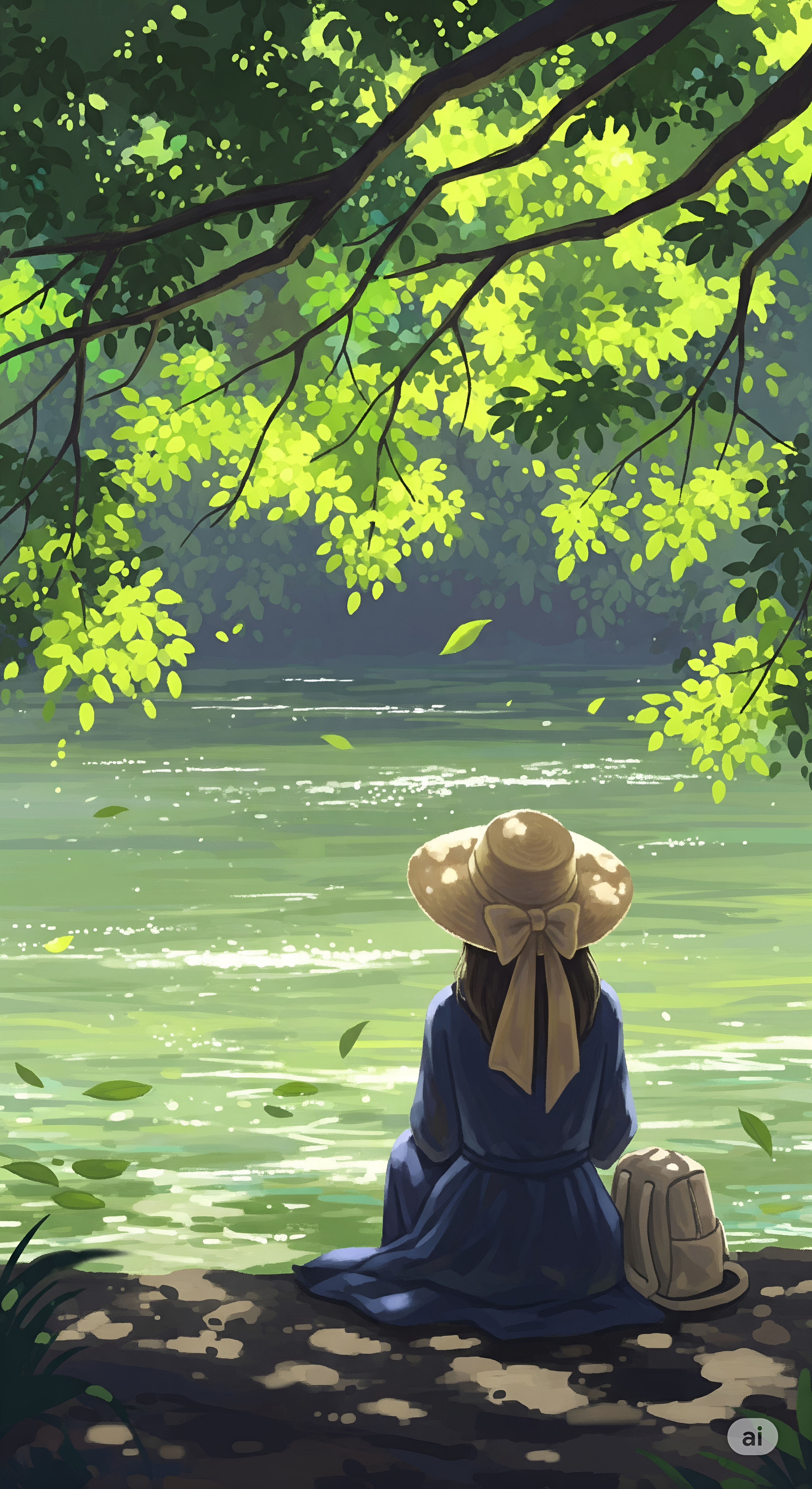 Woman by the Lakeside Under Green Canopy