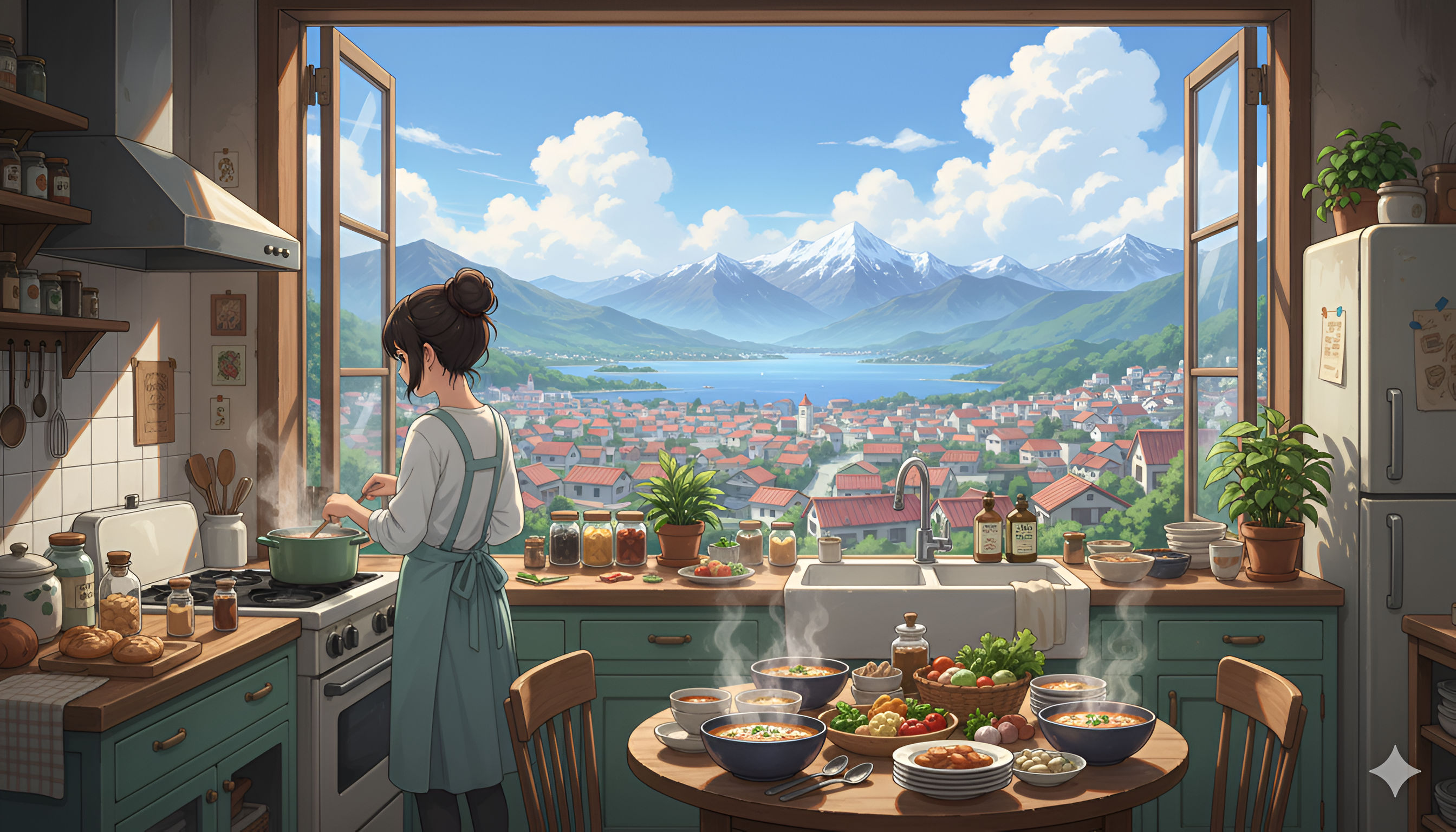 Anime Girl Cooking Mountain View Kitchen Wallpaper