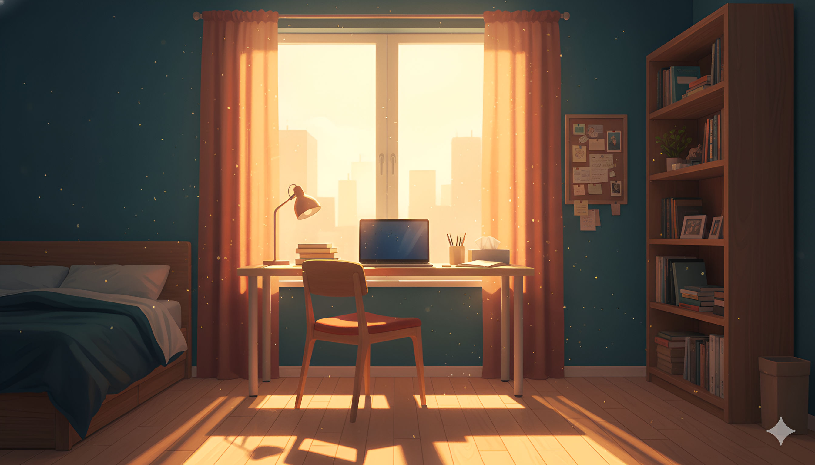 Sunrise City Bedroom – Minimalist Anime Study Space