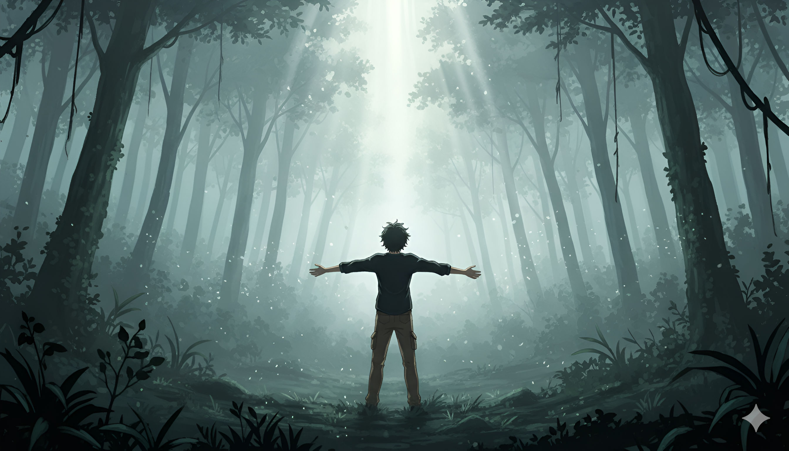 Forest: Man with Open Arms in Sunlit, Misty Woods