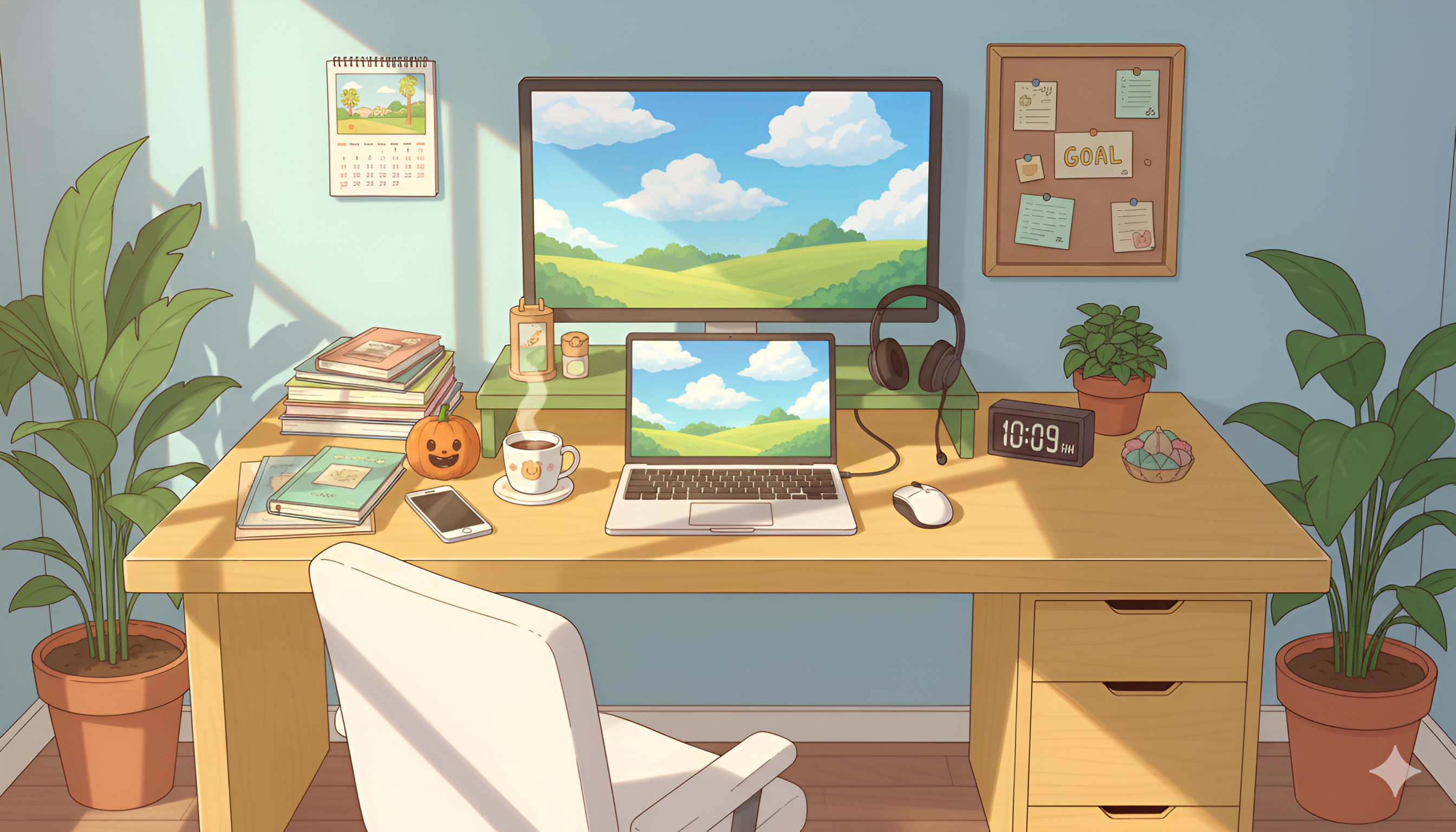 Clean Anime Desk Setup – Study Aesthetic with Plants