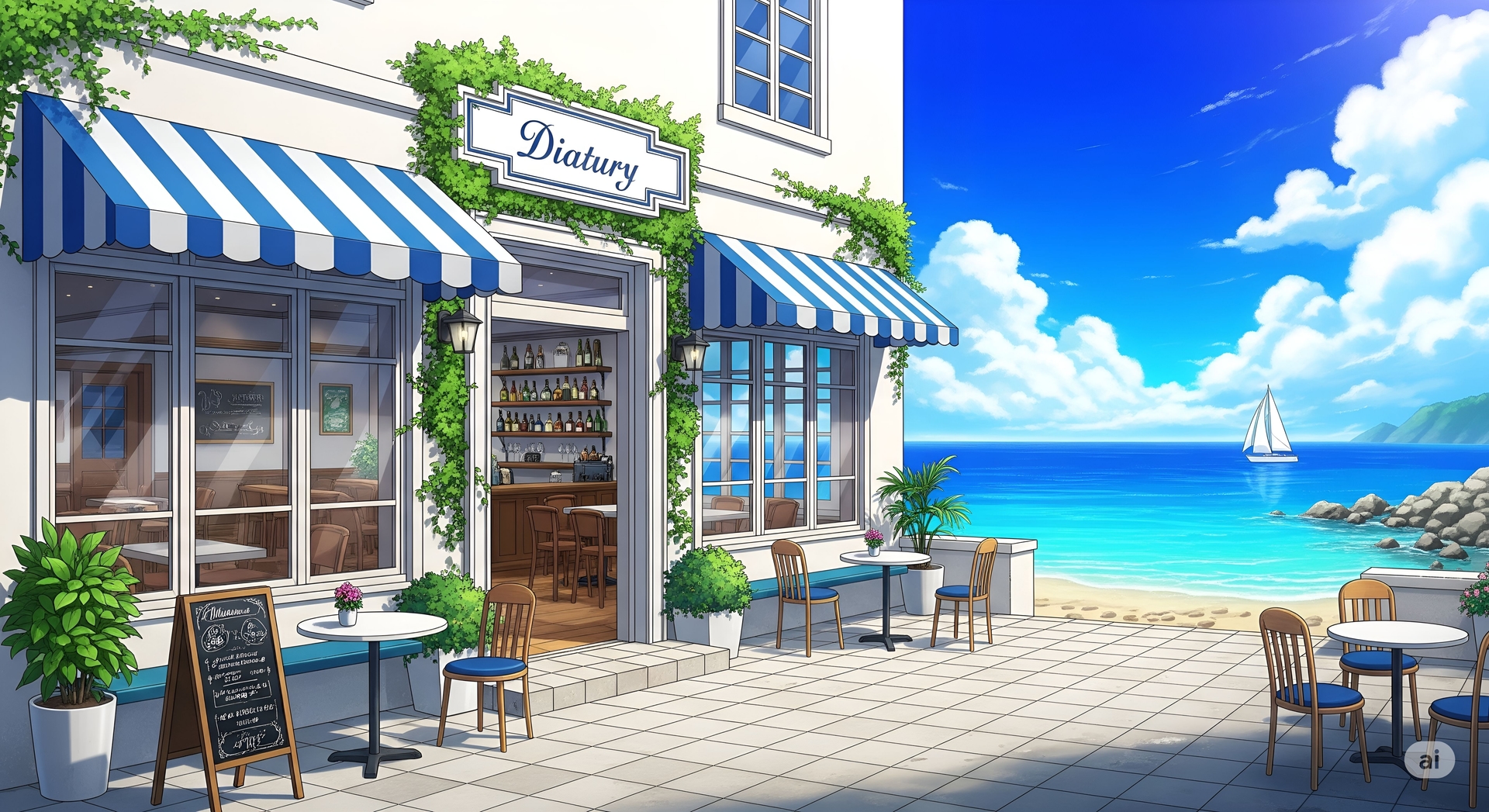 Seaside Cafe with Blue and White Awnings