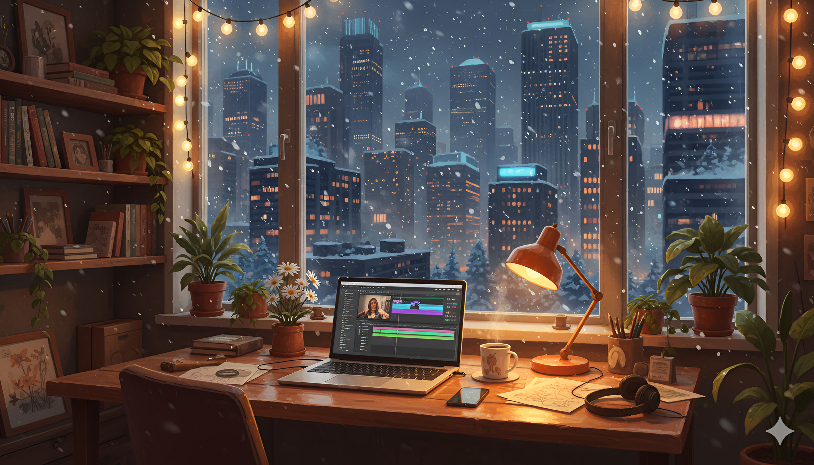 Cozy Winter Workflow: Laptop and Desk Overlooking Snowy City Skyline