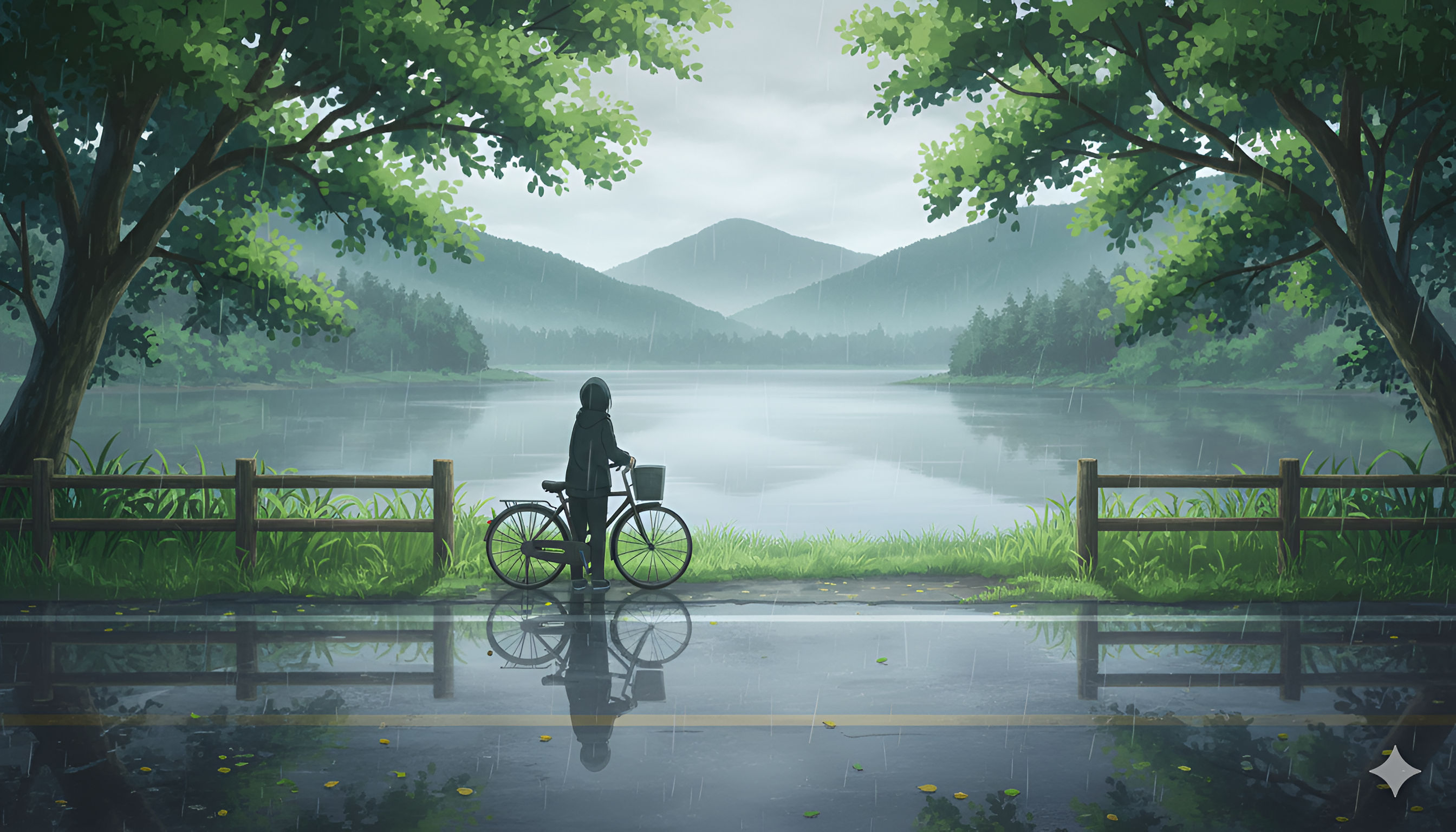 Solitude in the Rain: Anime Boy with Bicycle Overlooking a Lake